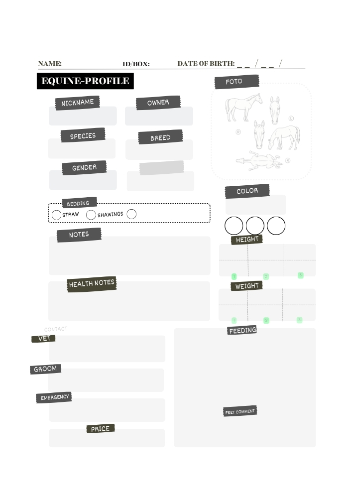 Profile spread showing horse body details, photos, and medical notes