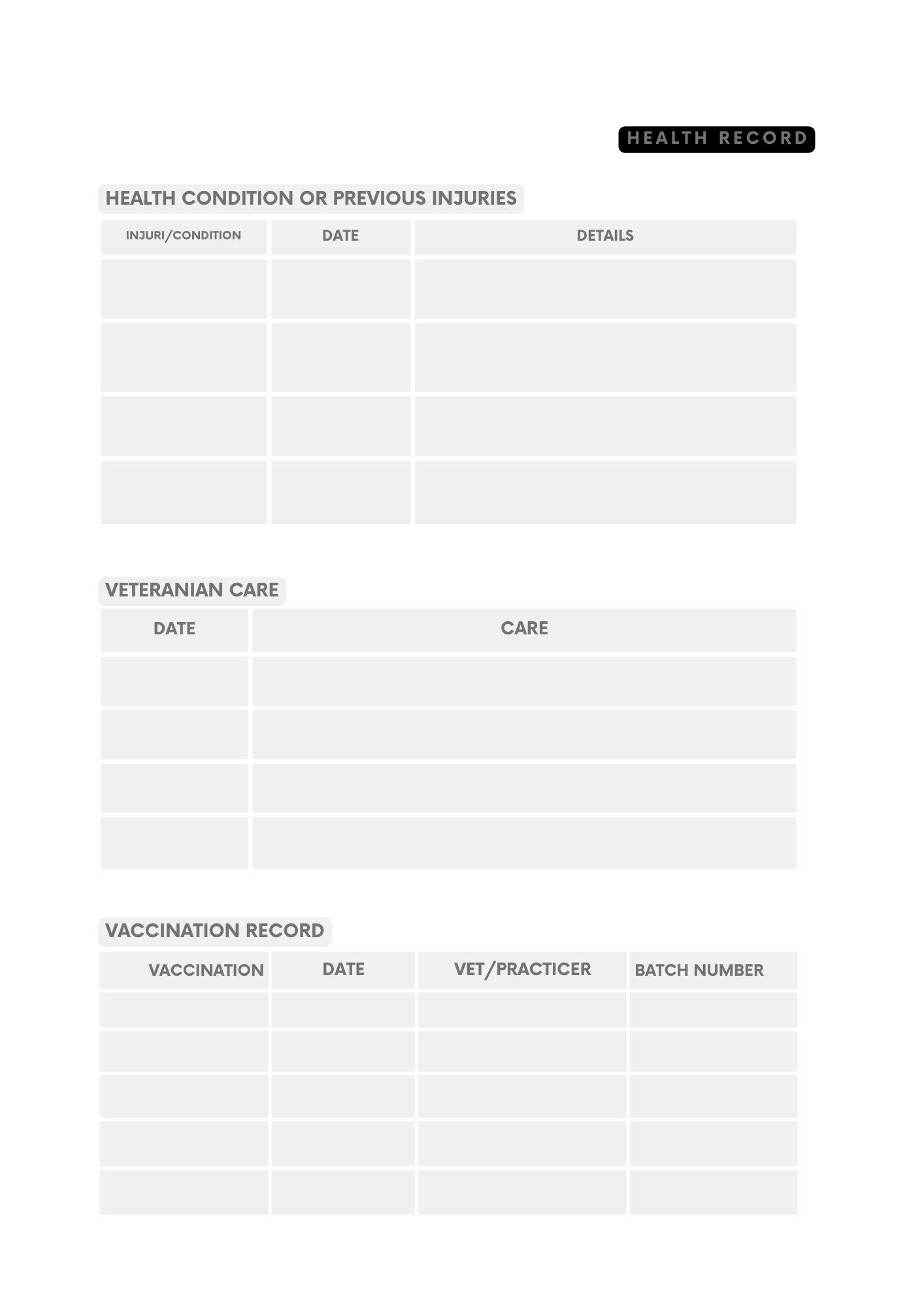 Vet log spread tracking vaccinations and treatments
